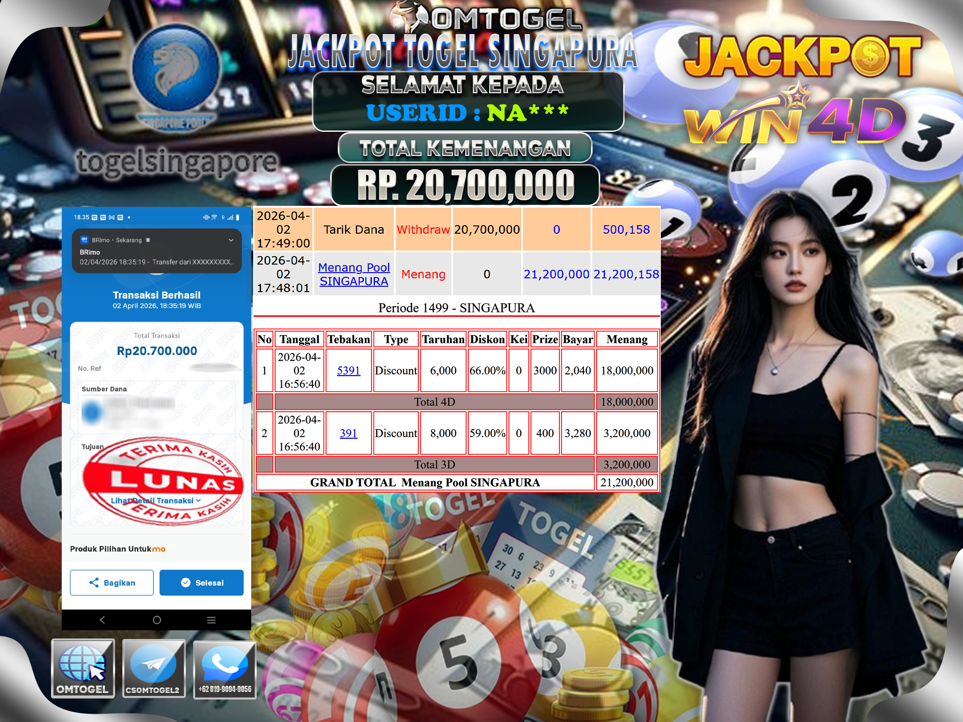 OMTOGEL JACKPOT TOGEL SINGAPURA 4D 3D, 20 JUTA DI BAYAR LUNAS ,-