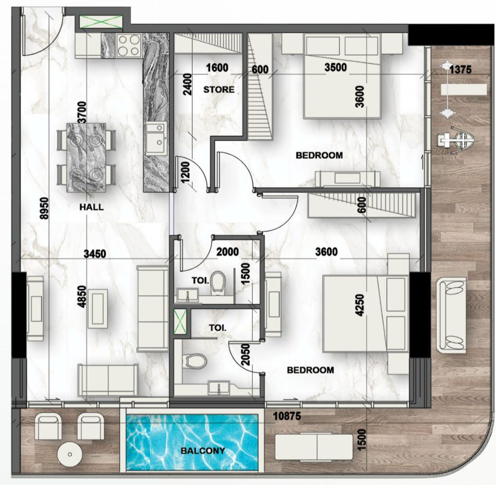 Detailed unit layout and keyplan for a 2‑BR + Storage apartment in Peace Lagoons showing balcony areas and interior distribution, highlighting a Peace Lagoons Distress Deal floorplan for a spacious two bedroom residence