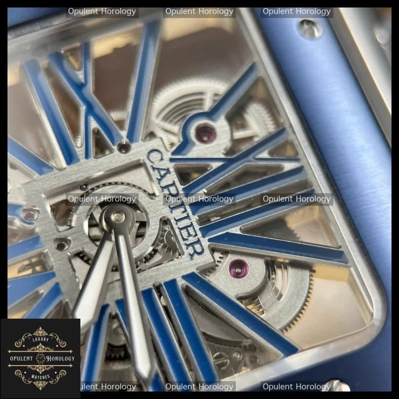 Cartier Santos Skeleton Replica 39.8mm Blue Bezel Steel Bracelet Manual Wind Super Clone