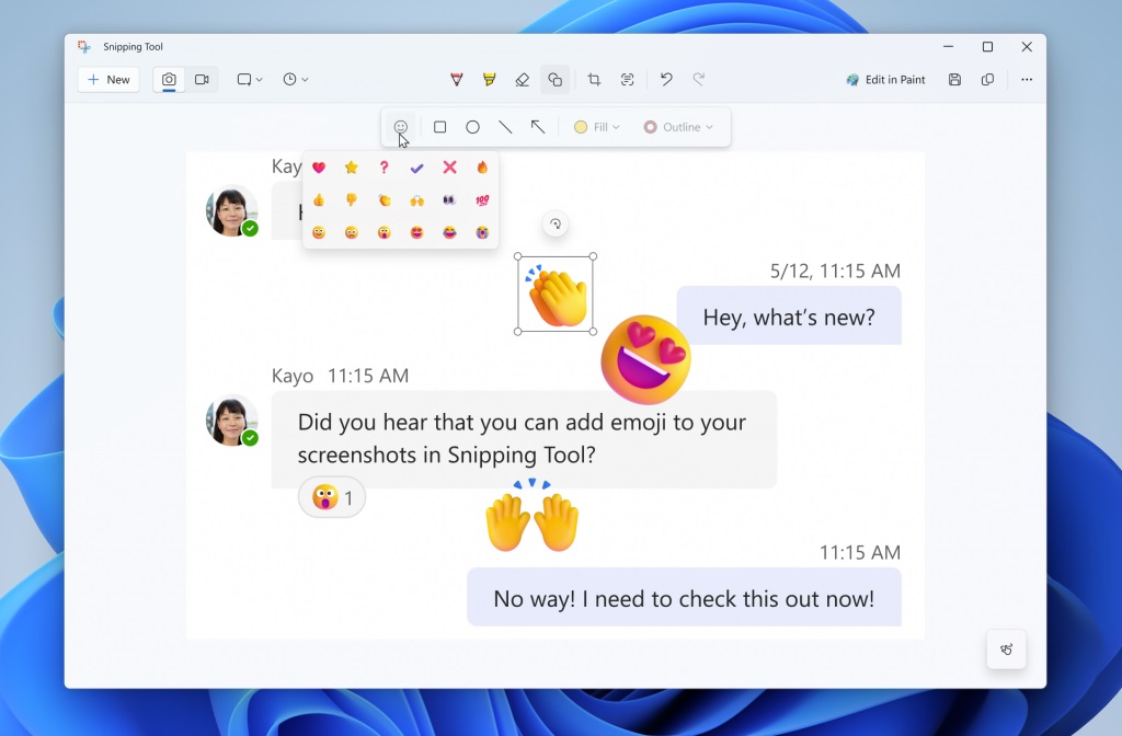 Adicionando emoji em capturas com a Ferramenta de Captura do Windows 11.  Imagem: divulgação Microsoft.