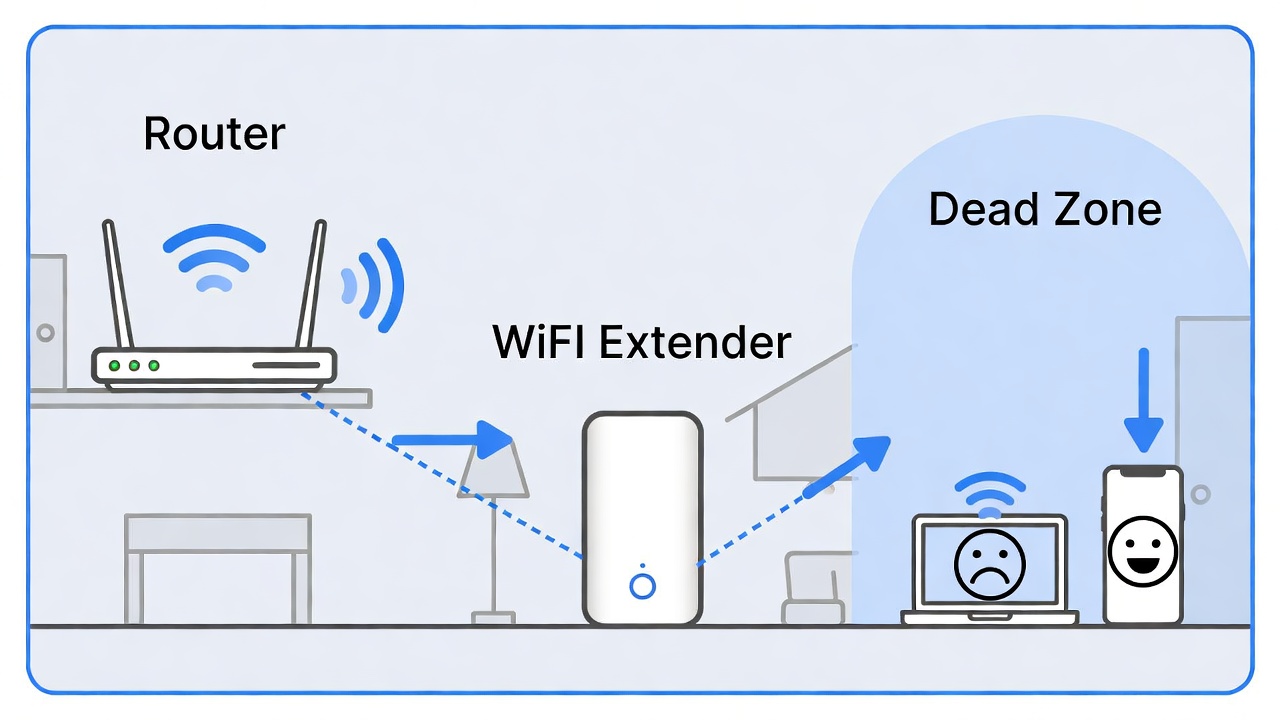 Diagram showing correct WiFi extender placement between router and dead zone