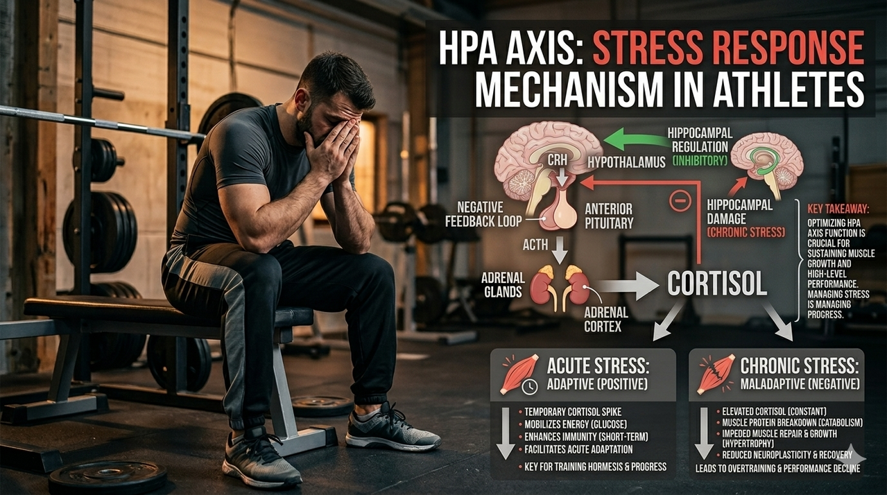 Diagram of the HPA axis showing stress response for impact of stress on muscle growth and performance