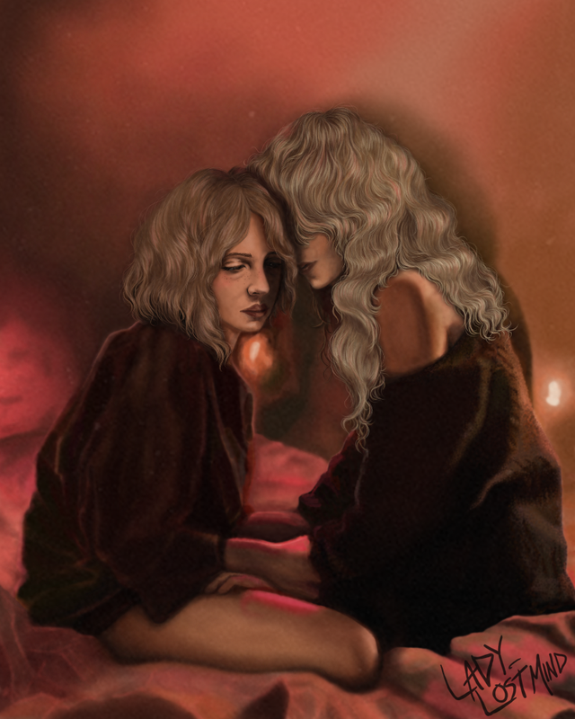 Robin and Chrissy on Robin's bed. The art is soft in style, the lighting dim. Chrissy has her head tucked behind Robin's as though she's speaking in her ear. Chrissy's wearing a a black sweater slipping far off her shoulder. Robin's shirt is also dark but less clear on what it is. Neither are wearing pants, and Chrissy's hands are on Robin's thighs, Robin's hands gripping hers in return.