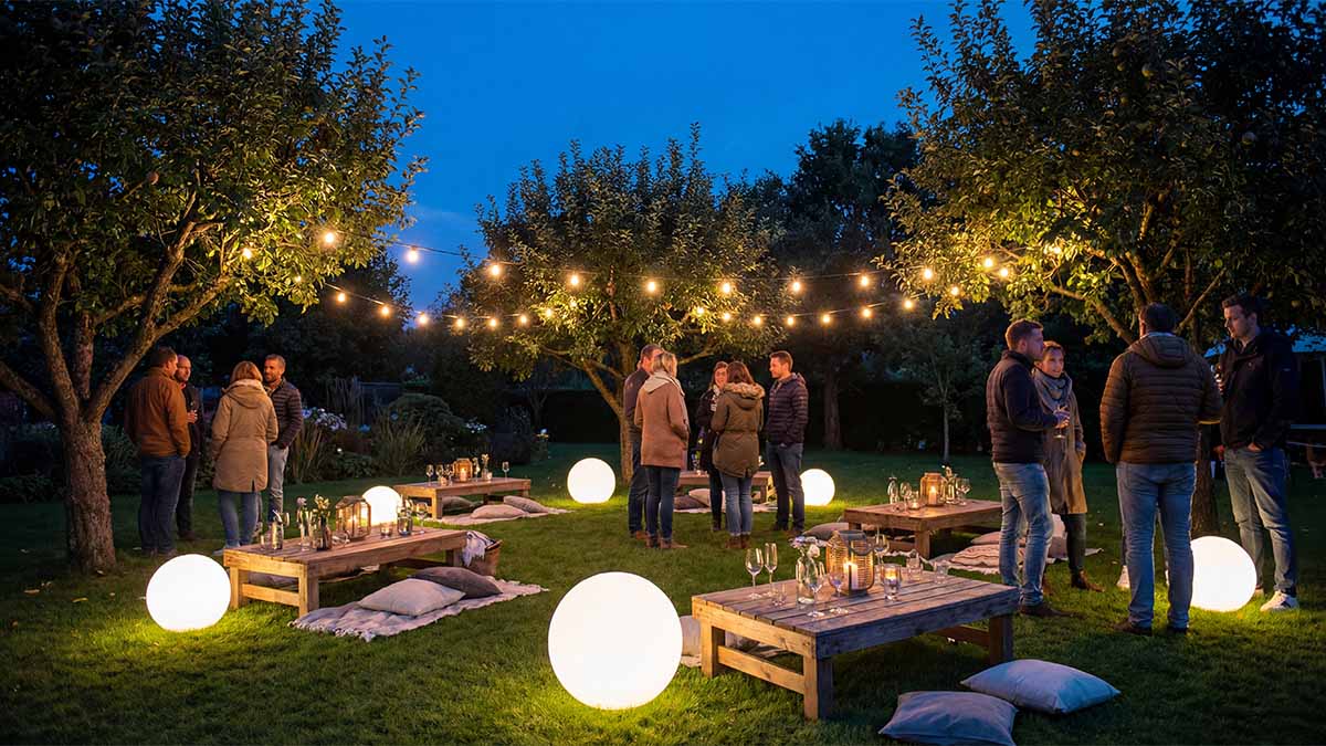 Светящаяся мебель на открытом воздухе в сумерках: шары и столики на траве