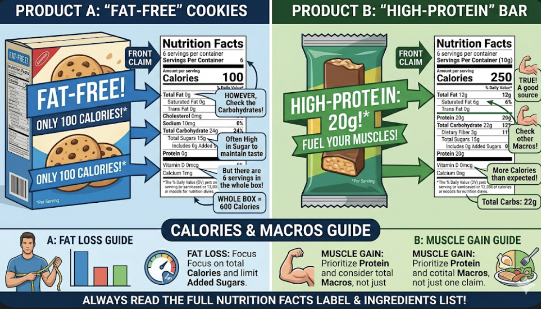Comparison of front package claims like low-fat and high-protein vs nutrition label facts, illustrating calories and macros guide and how to avoid marketing traps