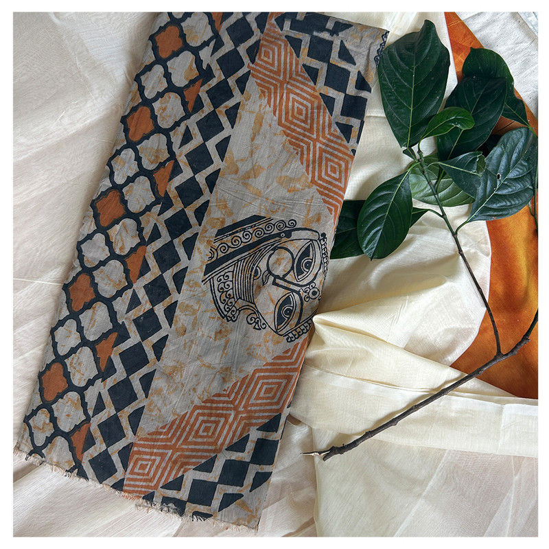 Hand Block Printed Akaroa Biege Saree with Ethnic Lady Face and Geometric Patterns