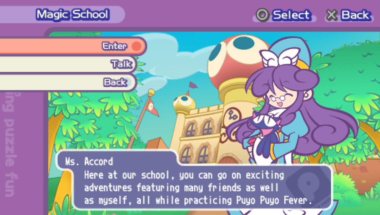 A screenshot at the Primp Magic School. The player is hovered over the "Enter" button, with Ms. Accord stating: "Here at our school, you can go on exciting adventures featuring many friends as well as myself, all while practicing Puyo Puyo Fever.