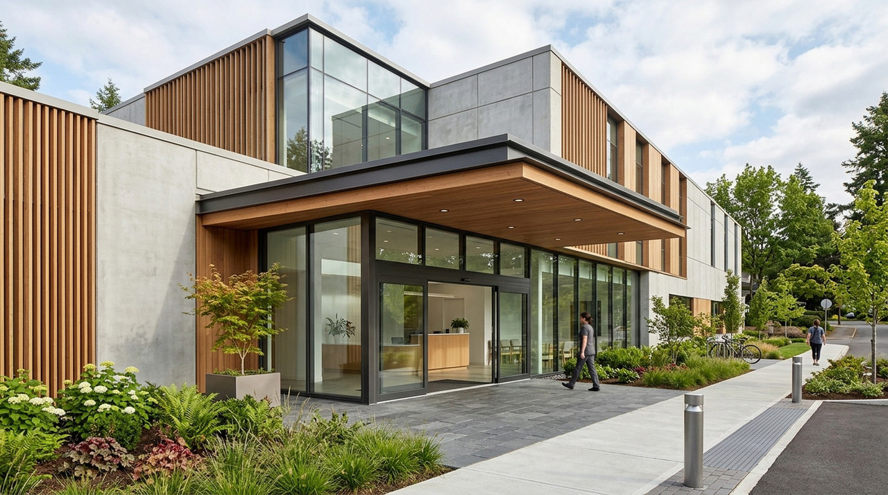 Современное двухэтажное здание медицинского центра из бетона и дерева с панорамным остеклением и благоустроенной территорией