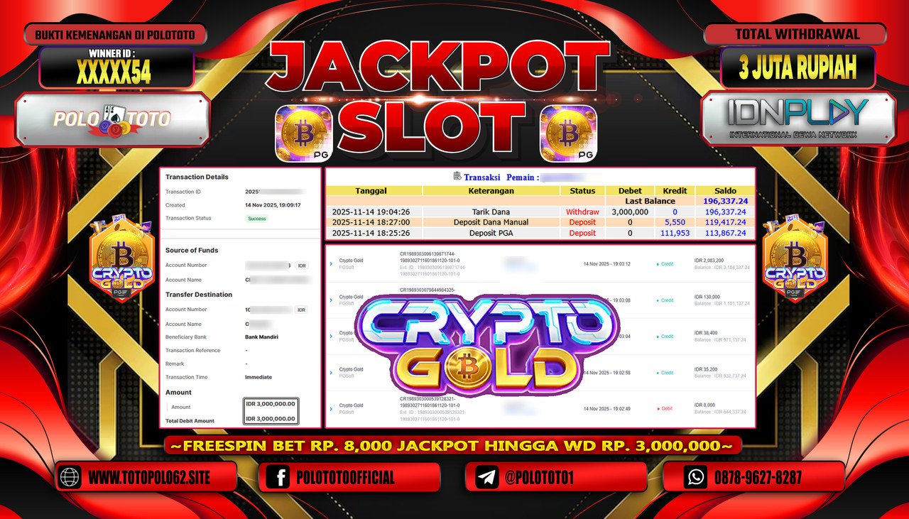 POLOTOTO JACKPOT SLOT CRYPTO GOLD Rp.3.000.000,- LUNAS
