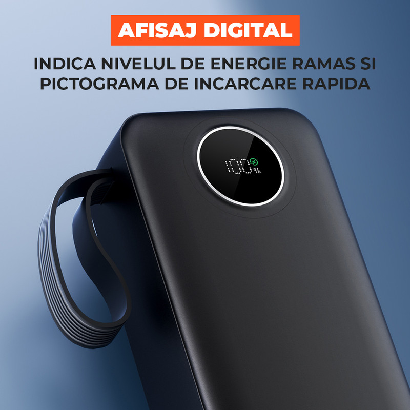 Baterie Externa Daden P64 30000 mAh, Incarcare Rapida, 22.5W QC, PD 20W, Afisaj Digital LCD, 2x USB-A, 1x USB-C, Incarcare Simultana 3 Dispozitive, Power Bank, Negru 5
