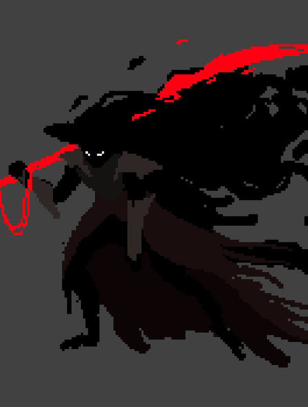 A robot, Blink, with a brown cloak on. Their arm is outstretched, and they seem to be between standing and kneeling. A black, tar-like substance seems to be emanating from the outstretched arm.