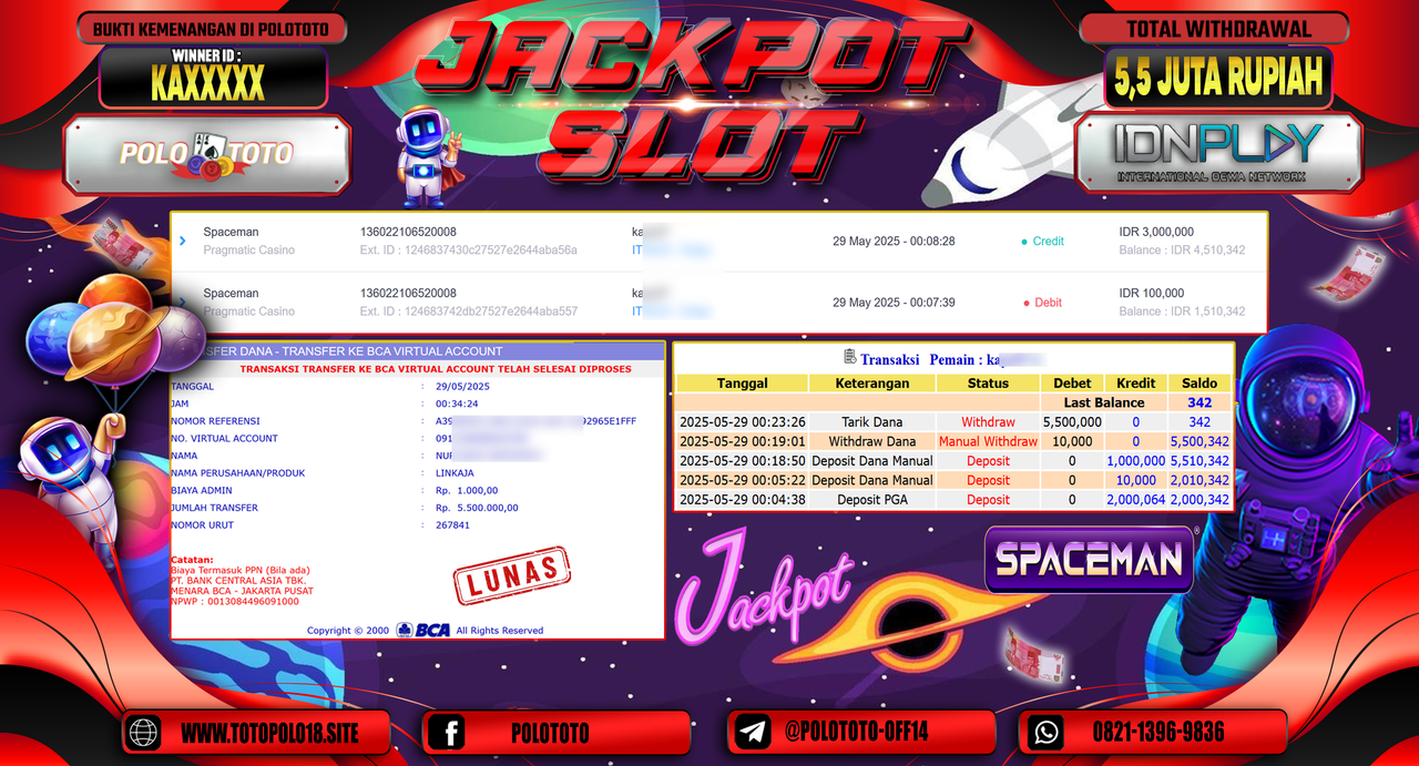 POLOTOTO JACKPOT SLOT SPACEMAN Rp.5.500.000,-