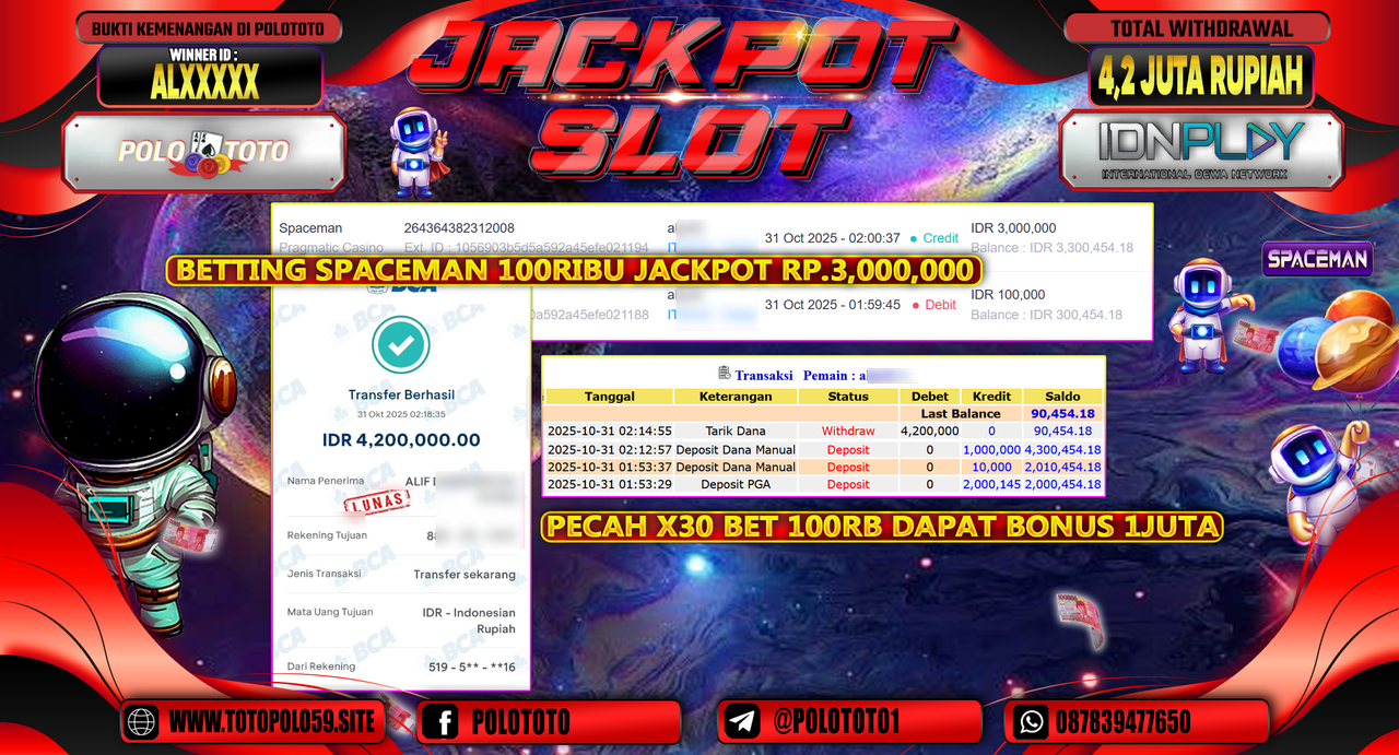 POLOTOTO JACKPOT SLOT SPACEMAN Rp.4.200.000,- LUNAS