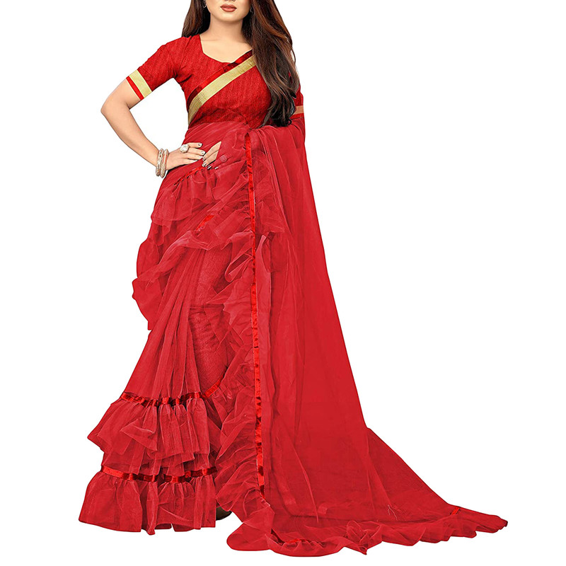 Saree de red con volantes con blusa pieza con volantes ropa de fiesta étnico sari para mujer - Imagen 18 de 21