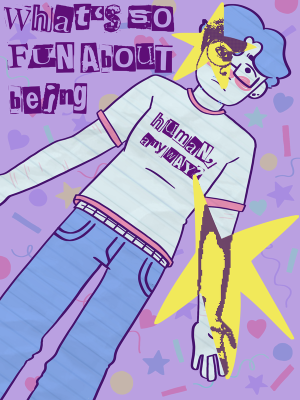 A digital collage of the Webmaster. It shows a drawing of his body in blue and pink, with bright yellow stars exposing real-life pictures of his arm and face. He is surrounded by confetti on a purple background. Text reads: what's so fun about being human, anyway?