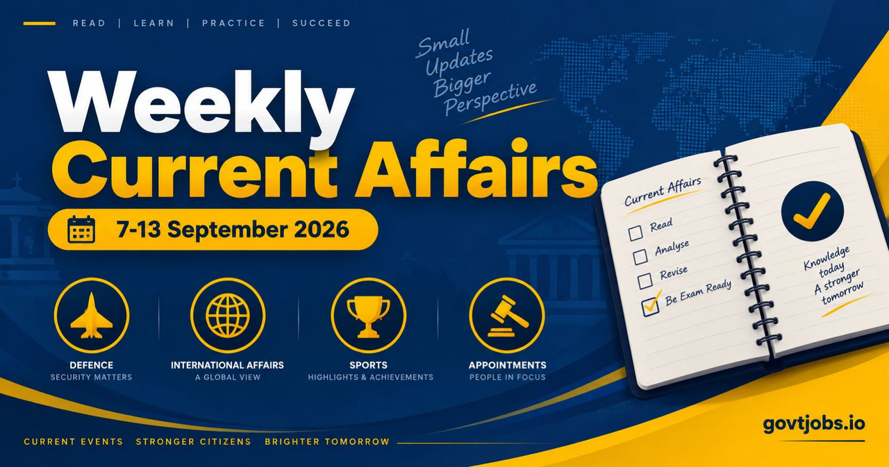 Weekly current affairs quiz for 7-13 September 2026 with GK questions for SSC, UPSC, Banking and State PSC exams