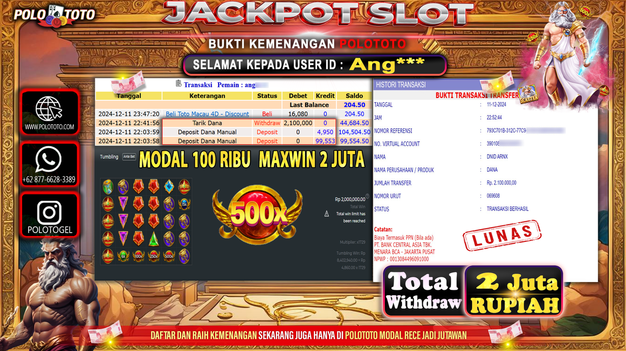 POLOTOTO JACKPOT SLOT GATES OF OLYMPUS Rp.2,100.000,-