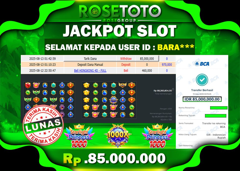 ROSETOTO JACKPOT SLOT STARLIGHT PRINCESS 1000 Rp.85.000.000.,- LUNAS