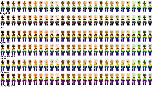 a row of people with pride flag shirts and light gray hair