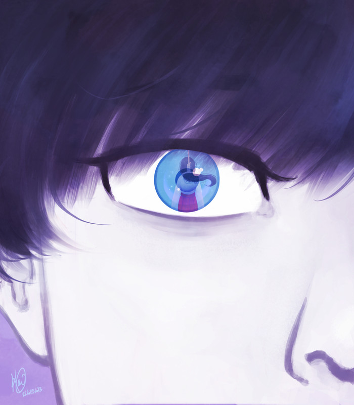 Half of a pair of mirrored illustrations featuring Sakuya Himeko (Sound Horizon). This left side is a close up of Sakuya Himeko's right eye, a somber expression on her face. Her eye is blue, reflecting Iwanaga Himeko attempting to hang herself. Her side is tinted purple.