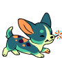 A teal corgi with colorful spots playing with a sparkler