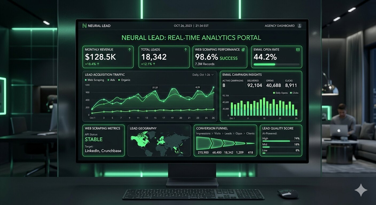 Advanced web scraping service dashboard showing data extraction metrics and B2B lead generation analytics