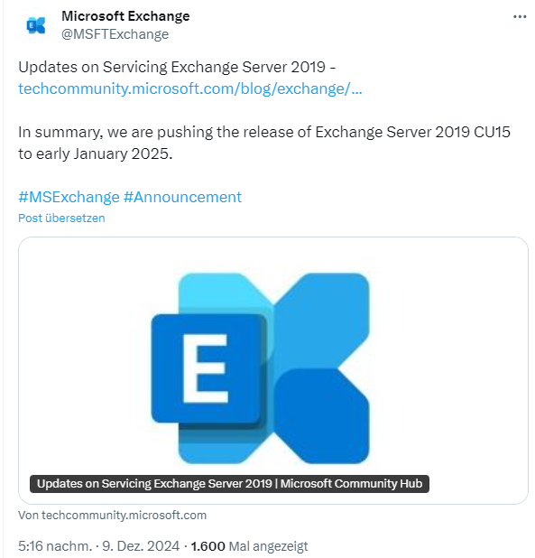 Exchange Server 2019 CU 15 delayed till January 2025