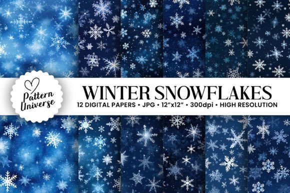 12 Blue Winter Snowflakes Seamless Patterns