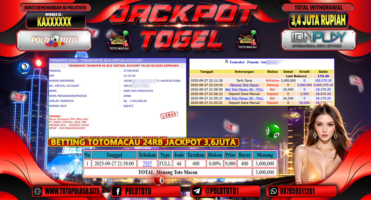 POLOTOTO JACKPOT TOGEL TOTO MACAU Rp.3.400.000,- LUNAS