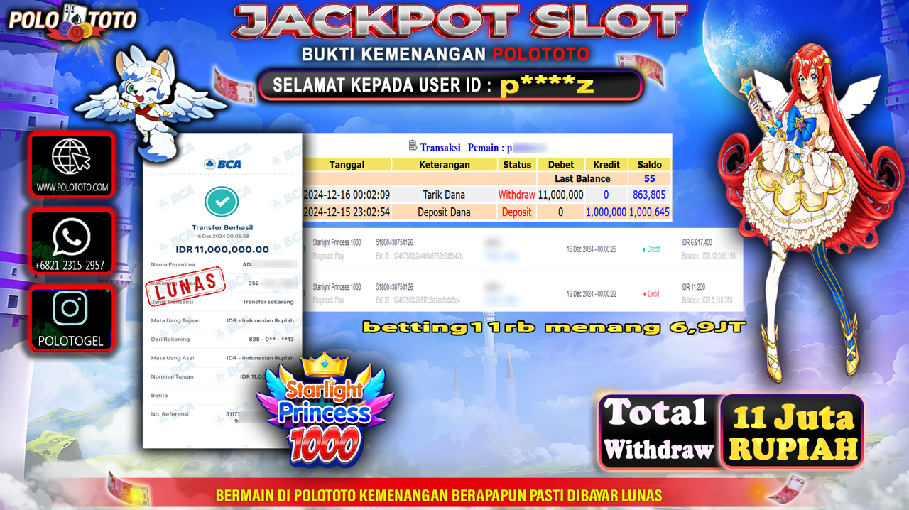POLOTOTO JACKPOT SLOT STARLIGHT PRINCESS 1000 Rp.11,000.000,-