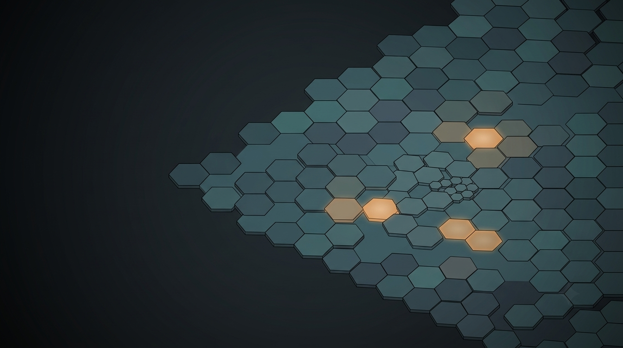 Isometric hexagonal grid over dark terrain with a few cells highlighted, coarse hexagons subdividing into finer ones