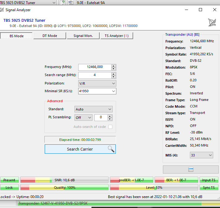 EUTELSAT 9 E  12466V reçu à 10,6 dB