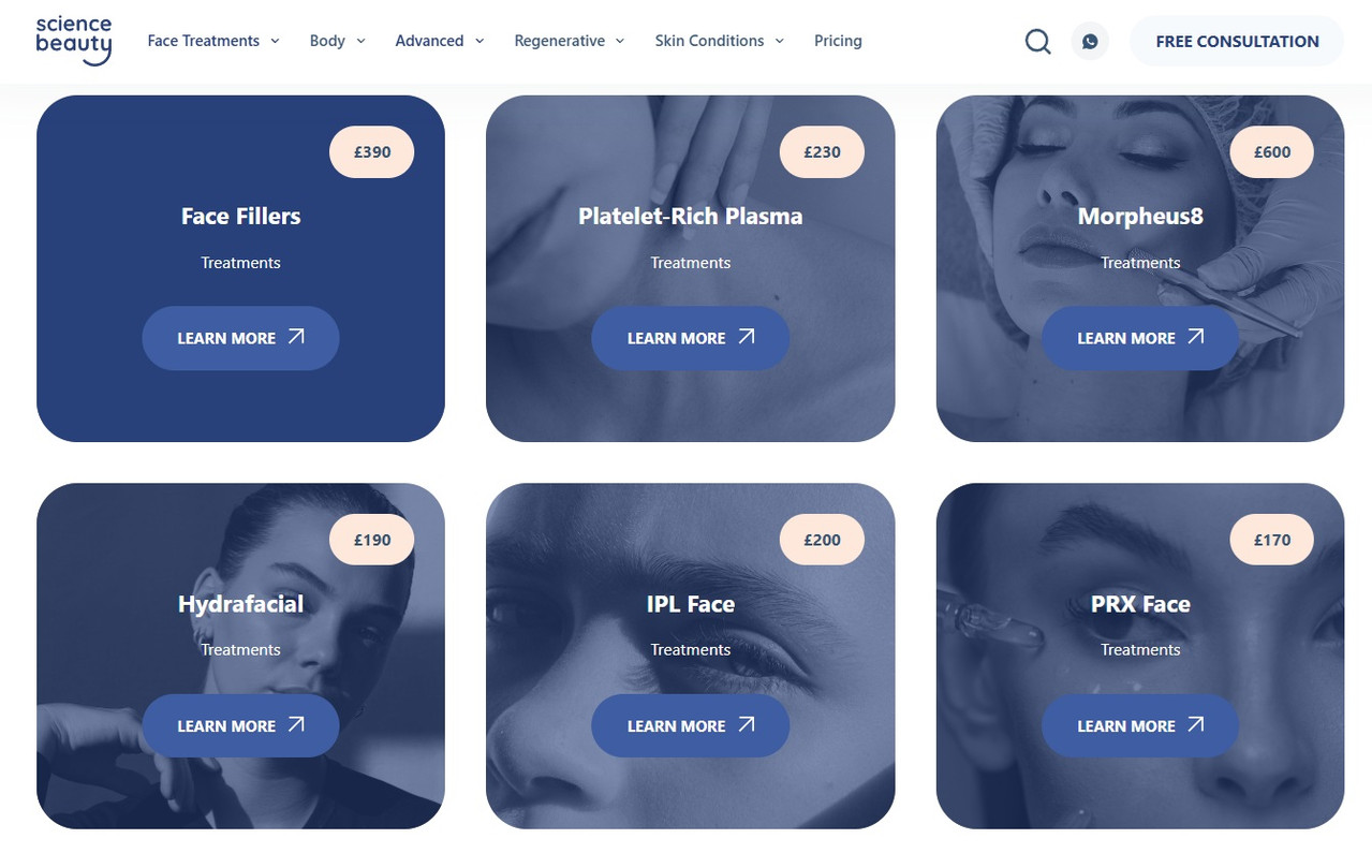 Sciencebeauty treatment grid London showing face treatments with prices.