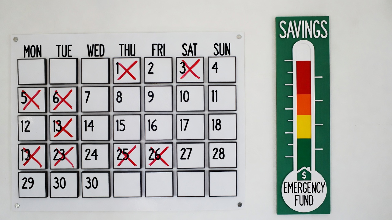 Calendar marking no-spend days to build an emergency fund faster with savings thermometer