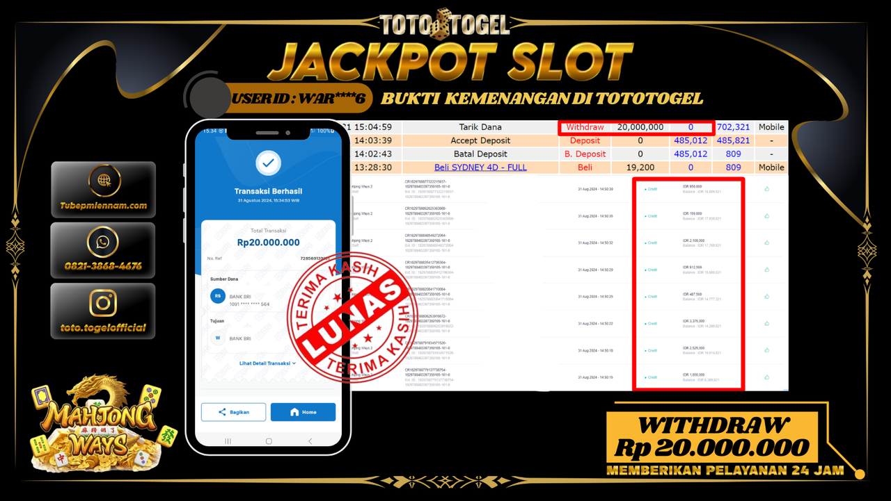 Bukti Pembayaran Permainan SLOT  Mahjong Ways 2   Dengan ID : WAR****6 LUNASS