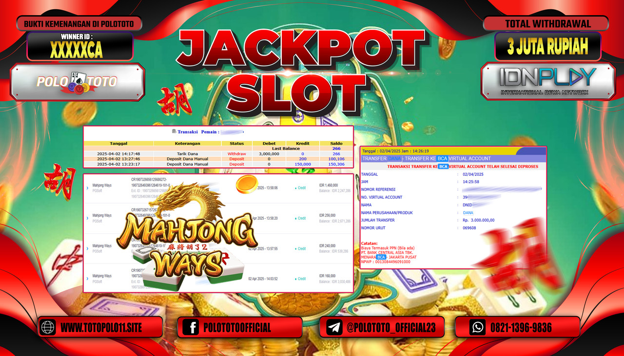 POLOTOTO JACKPOT SLOT MAHJONG WAYS Rp.3.000.000,- LUNAS