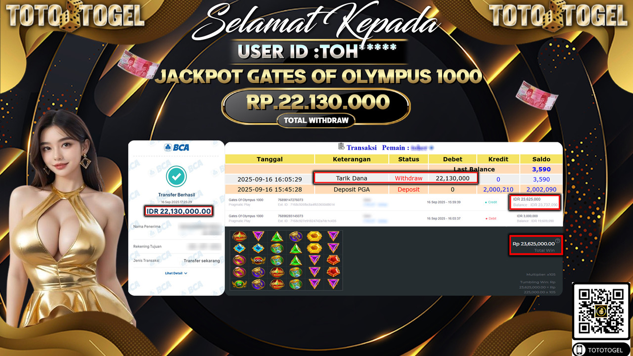 Bukti Pembayaran Jackpot Permainan Gates Of Olympus 1000  ID:TOH*** LUNAS