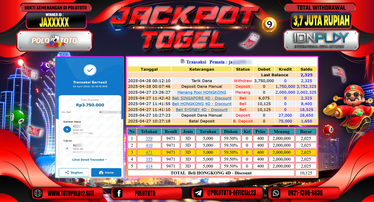 POLOTOTO JACKPOT TOGEL POOL HONGKONG Rp.3.700.000,- LUNAS