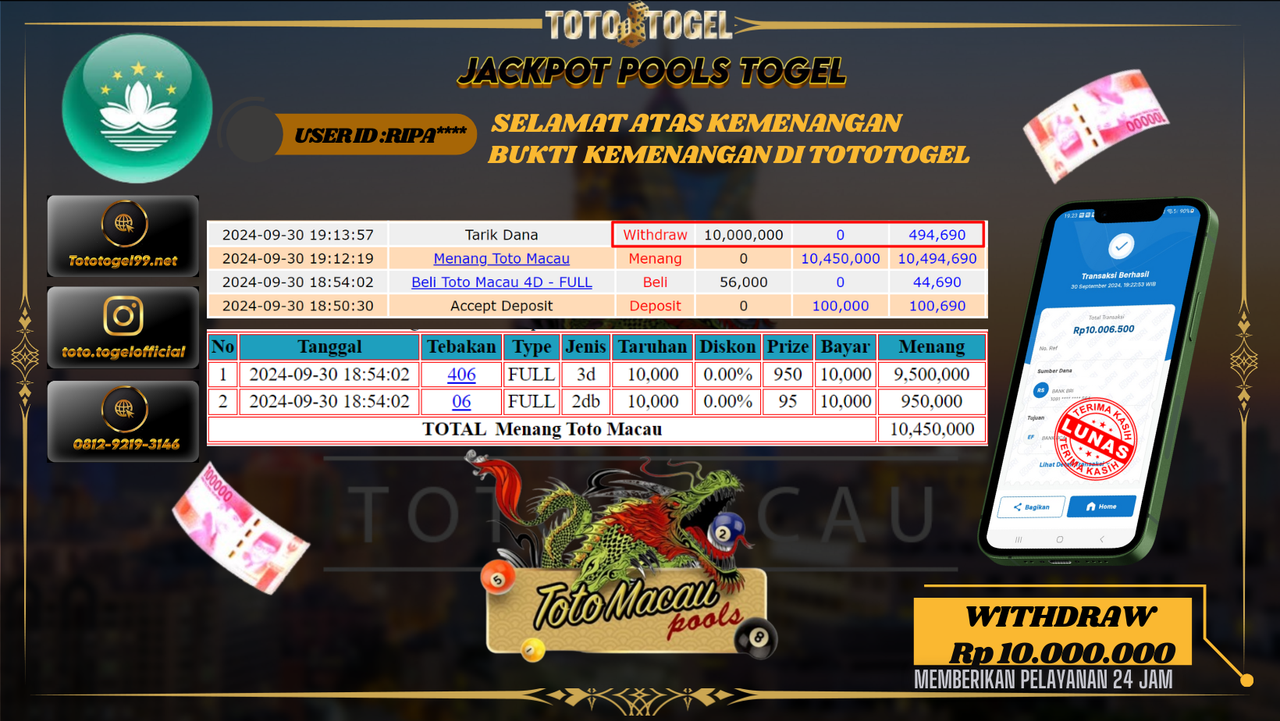 Bukti Kemenangan Permainan Pools Togel Toto Macau ID : RIPA** Terbayar Lunas!!