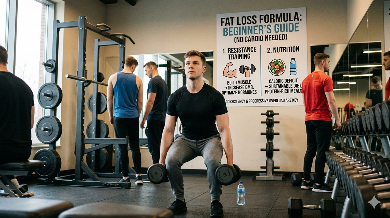Beginner performing dumbbell squats in gym for resistance training to lose fat without cardio and preserve muscle
