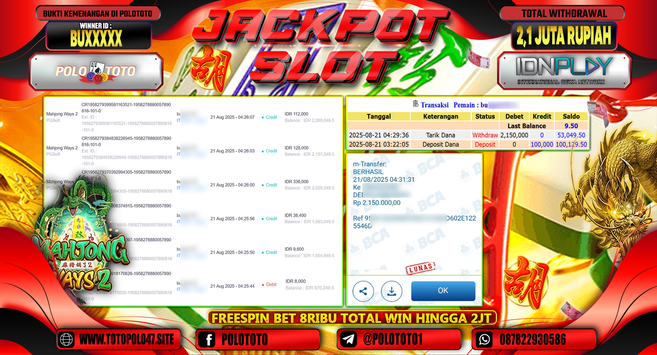 POLOTOTO JACKPOT SLOT MAHJONG WAYS 2 Rp.2.100.000,-