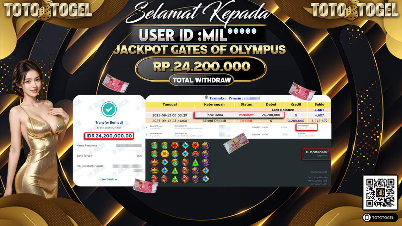Bukti Pembayaran Jackpot Permainan Slot Gates Of Olympus ID:MIL***** LUNAS