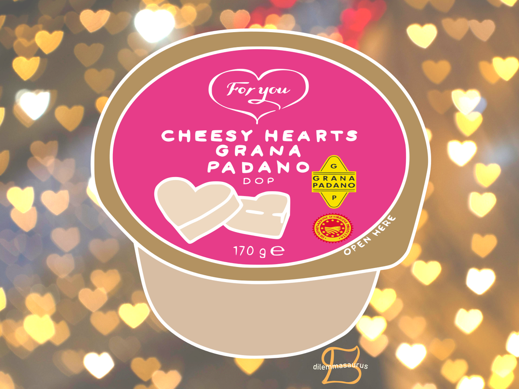 A drawing of a tub of cheese.  The label describes it as "Cheesy Hearts Grana Padano".  A picture on the label shows two small heart-shaped lumps of cheese.  The background is an artistic shot of blurry heart-shaped lights.