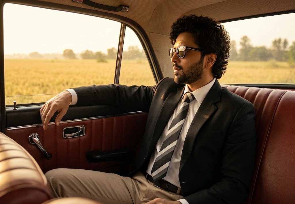AI-generated example result for the creative-images prompt: Retro Backseat Passenger Golden Hour by Prompt Craft