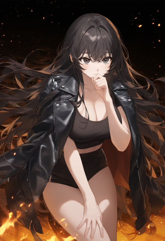 1girl, plaid background, cowboy shot, black eyes, very long hair, large breasts, s-4146349397