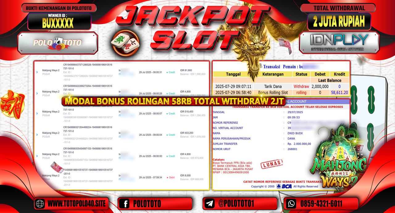 POLOTOTO JACKPOT SLOT MAHJONG WAYS 2 Rp.2.000.000,-LUNAS