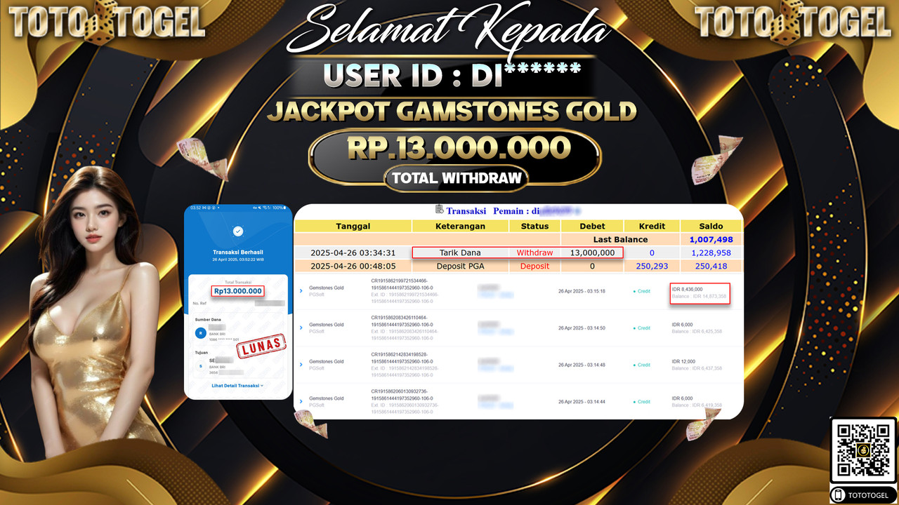 Bukti Pembayaran Jackpot  Permainan Slot Gemstones Gold ID:DI***** LUNAS