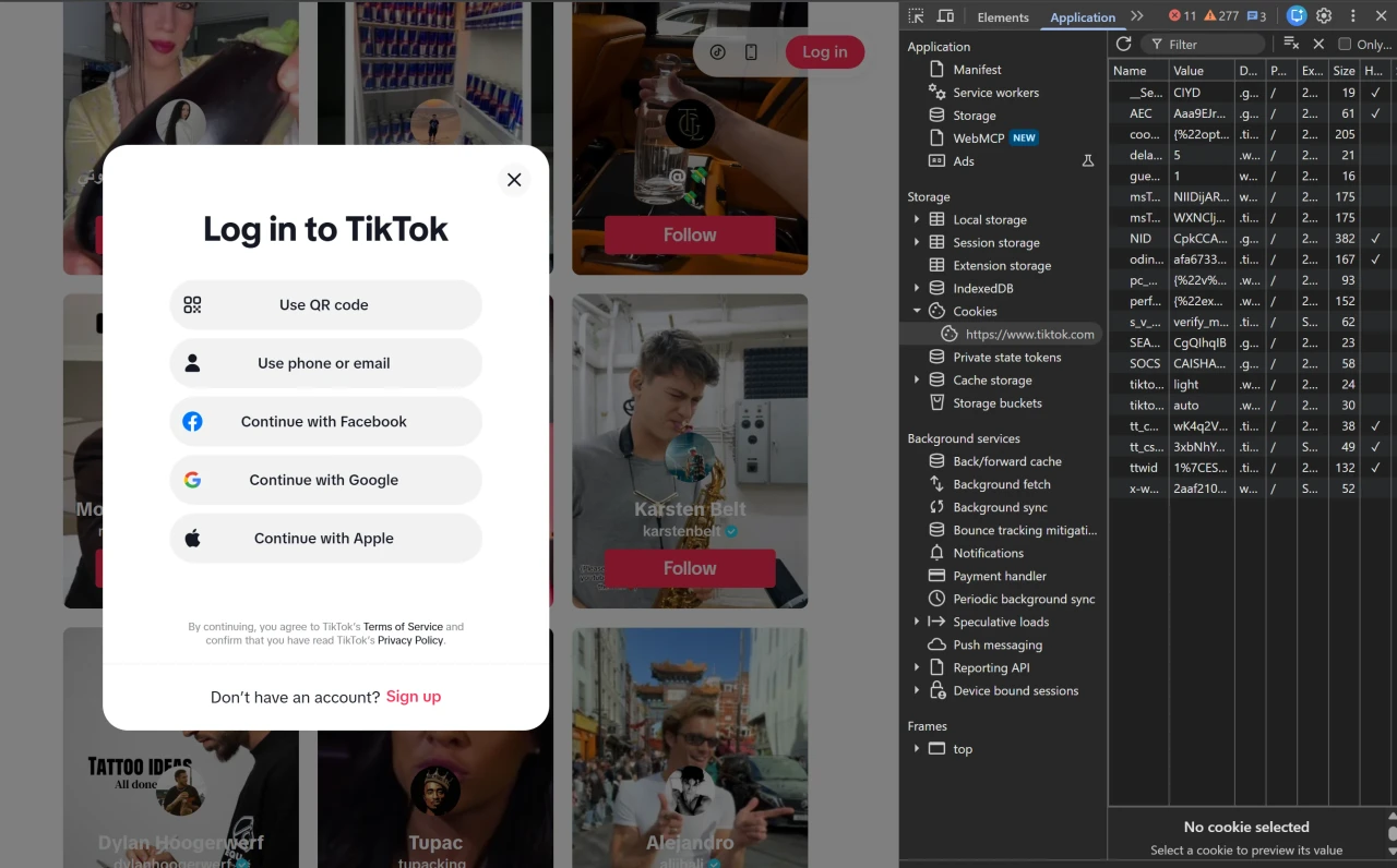 Вкладка Application в DevTools со списком cookies