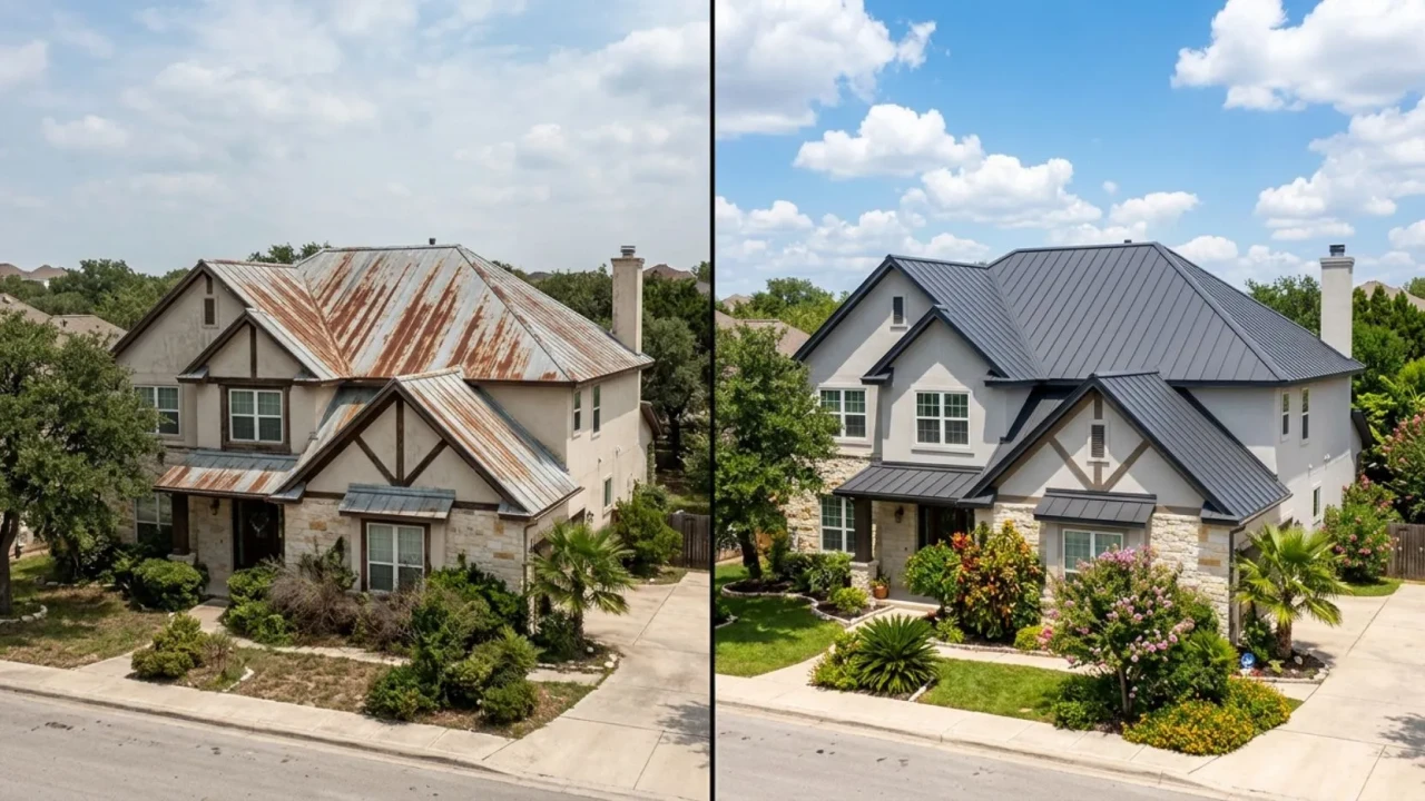 Before and after metal roof painting San Antonio home restored appearance