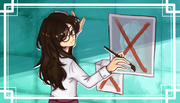 digital art of a girl with brown hair and glasses wearing a white dress shirt and red pants in the pose of the cover of the Genshin Impact fan song titled "Writing on the Wall".